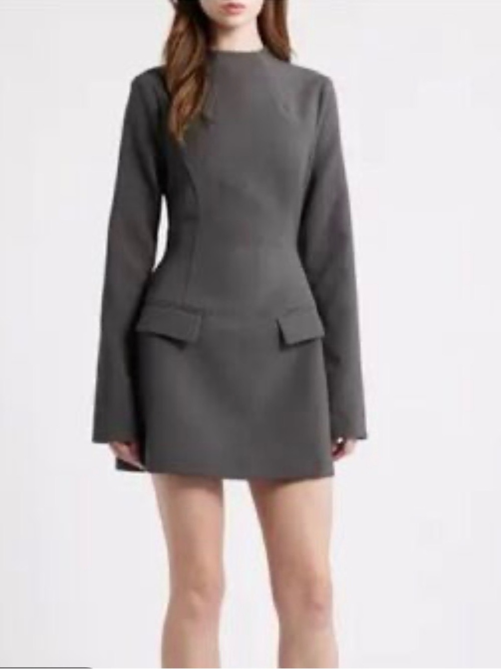 Commense Olive Green Long-Sleeve Mini Dress with Hip Flap Details